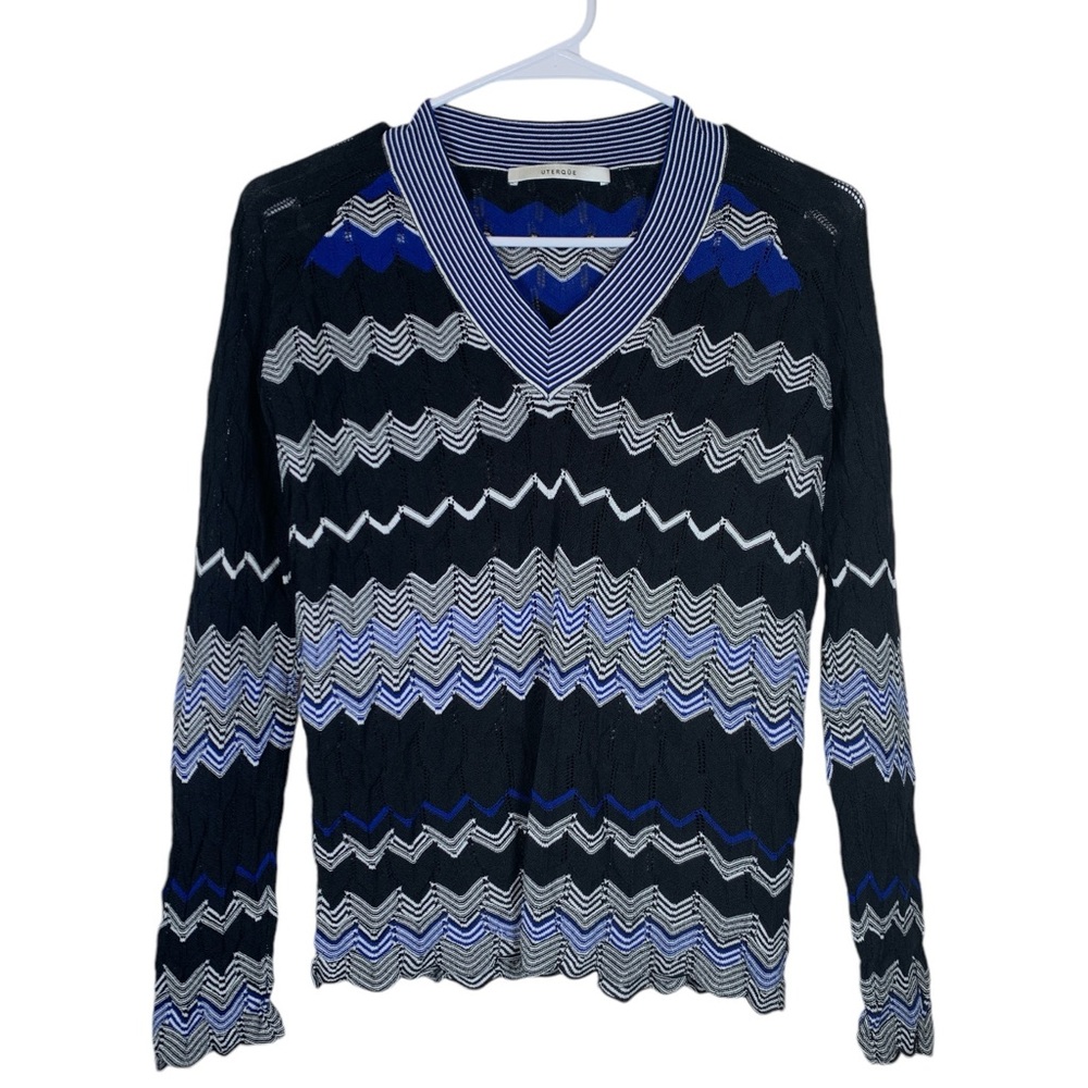 Uterque Black Blue White Long Sleeve V-Neck Chevron Pattern Sweater Size Small